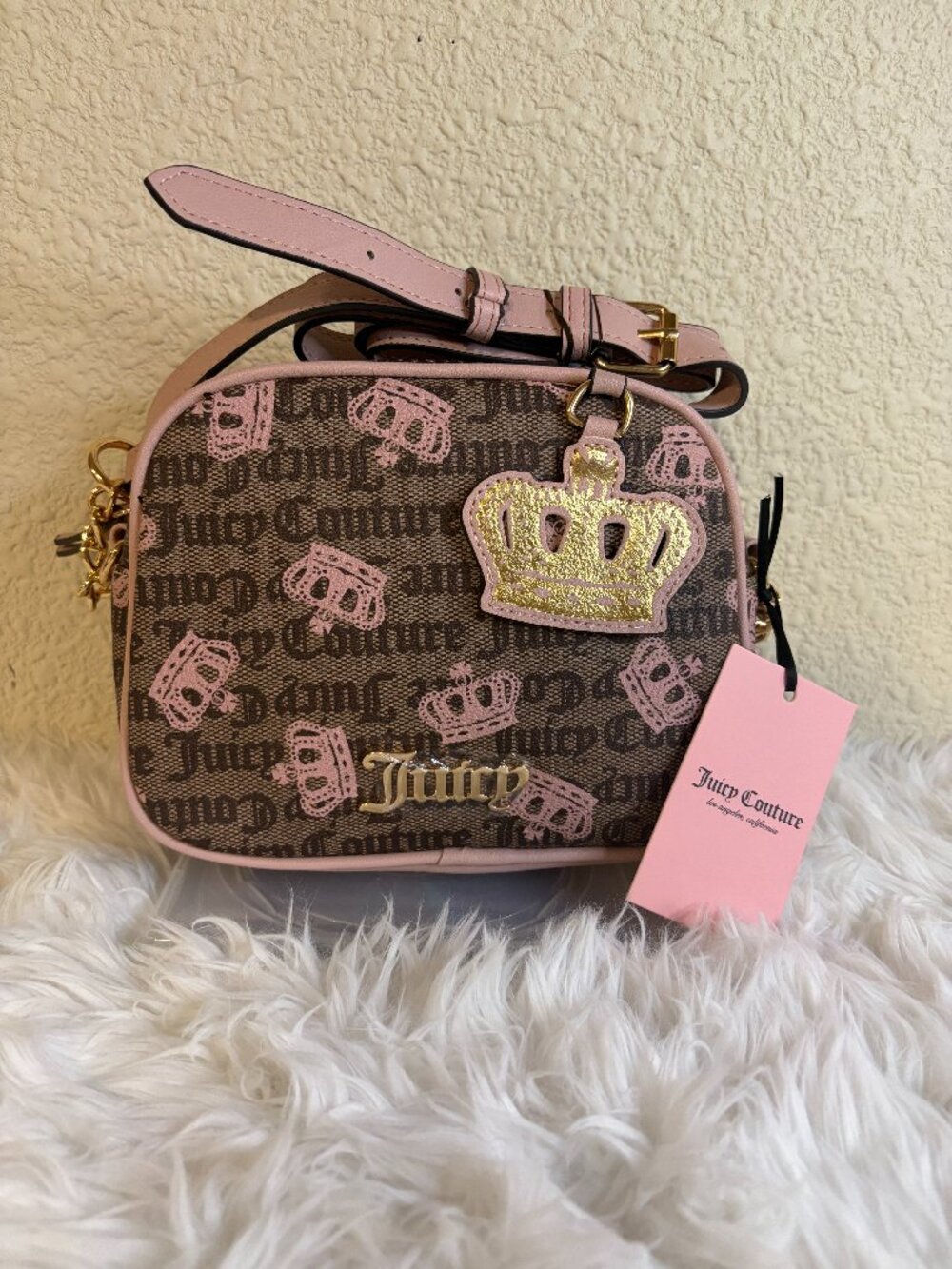 Juicy Couture Freshly Picked Crossbody Taupe Pink Crown Y2K NWT
